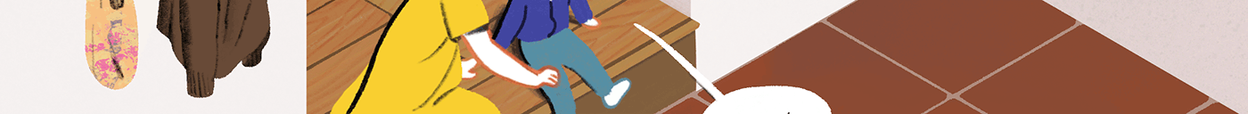 A mother helps a child put on shoes. 